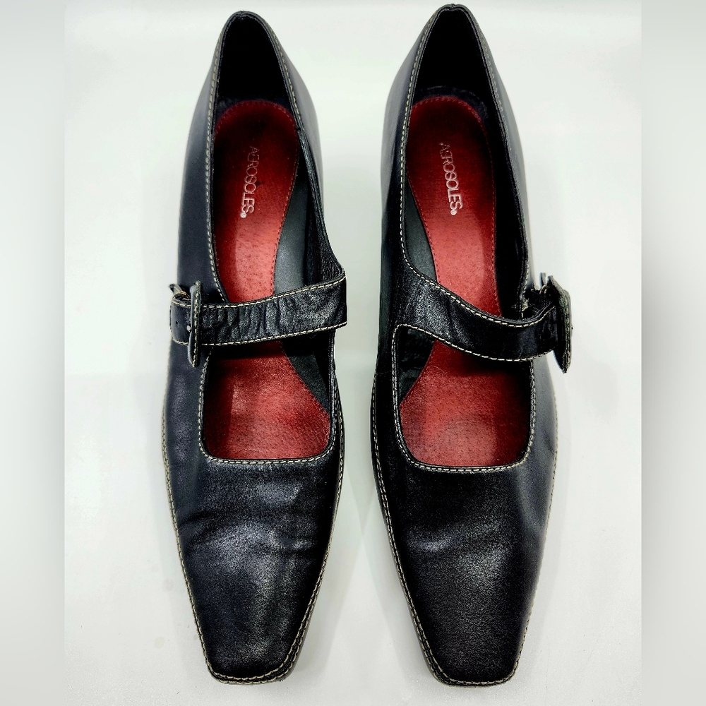 AEROSOLES Black Leather Mary Jane Buckle Heels Size 8 Topstitcing - Picture 3 of 9